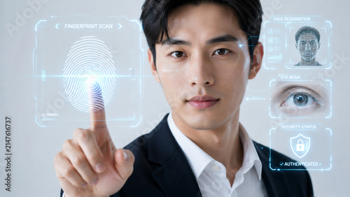 Man using biometric fingerprint scanner with digital icons
