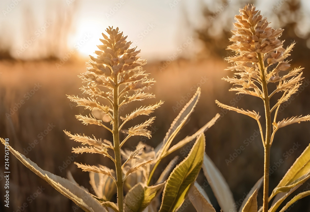 Obraz premium Golden hour sunlight illuminating two tall plants with feathery leaves in a natural outdoor setting