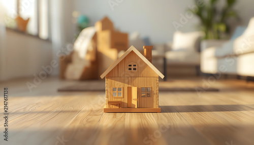 Model of the house on the floor in the new bright sunny house.
