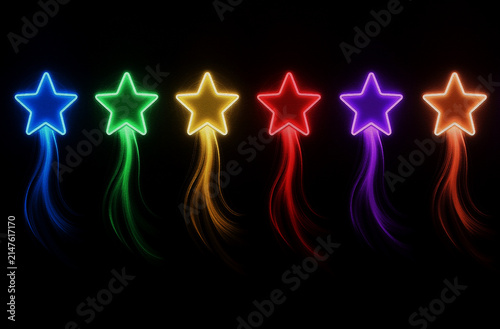 Rainbow banner with six neon shooting stars and glowing rings. 