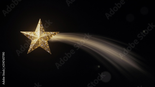 Beautiful elegant golden Christmas comet with crystal texture and glowing light trail on black background. Festive design element for luxury Christmas cards and New Year decorations.