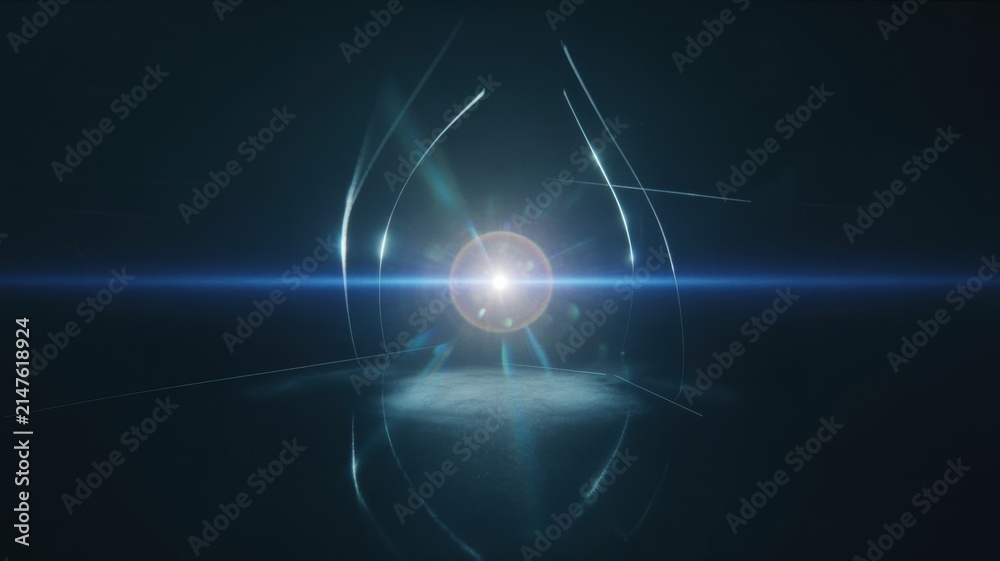 Fototapeta premium Abstract Blue Sci-Fi Light Leak Flare Effect With Futuristic Glass Reflections On Dark Background Technology Concept