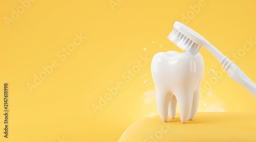 Close Up Of A Toothbrush Brushing A Realistic Human Tooth On A Yellow Background
