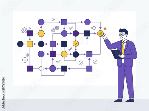 A professional businessman analyzing a complex flowchart diagram on a whiteboard in the office.