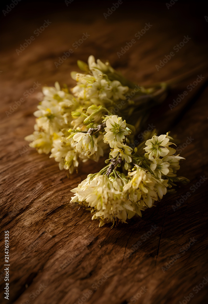 Obraz premium Small white flowers with green stems on a rustic wooden table, natural light, dark background, spring season