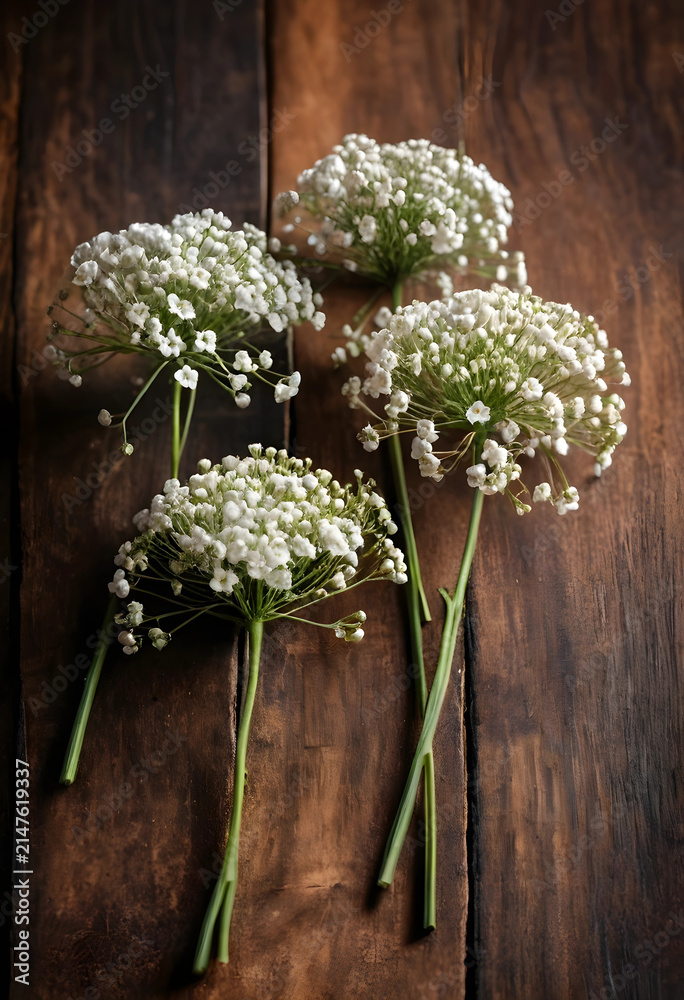 Obraz premium Four delicate white babys breath flower stems arranged on a rustic dark wooden background, natural beauty and floral decor