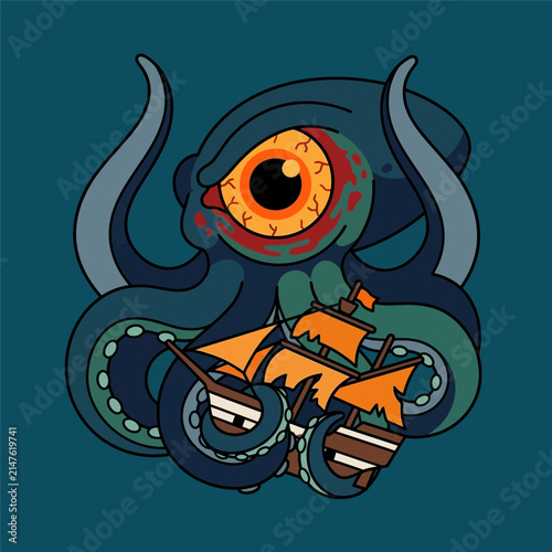 Giant Octopus Attacks Sailing Ship