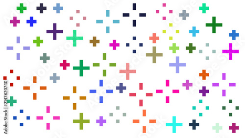 Pattern of Colorful Crosses and Plus Signs on White Background