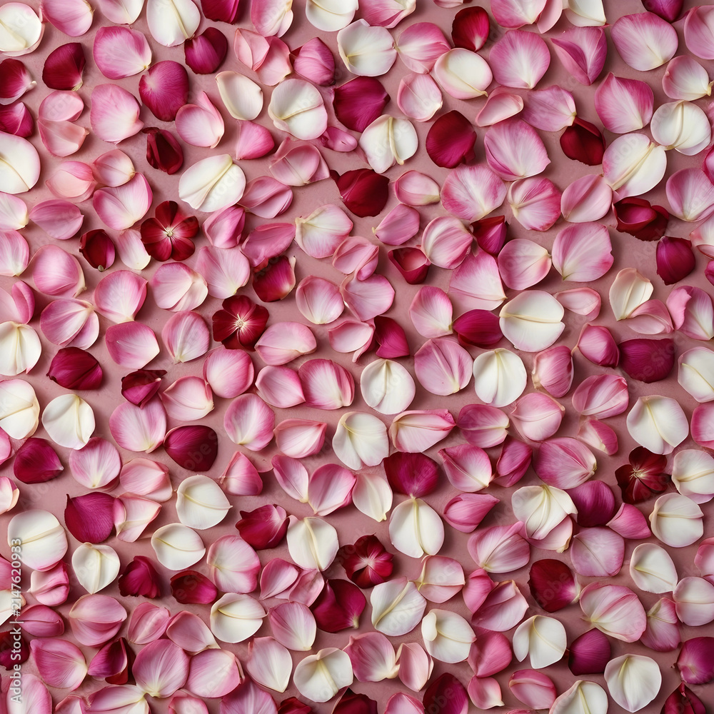 Fototapeta premium Pink and white flower petals scattered on a soft pink background, natural beauty and delicate texture for romantic themes
