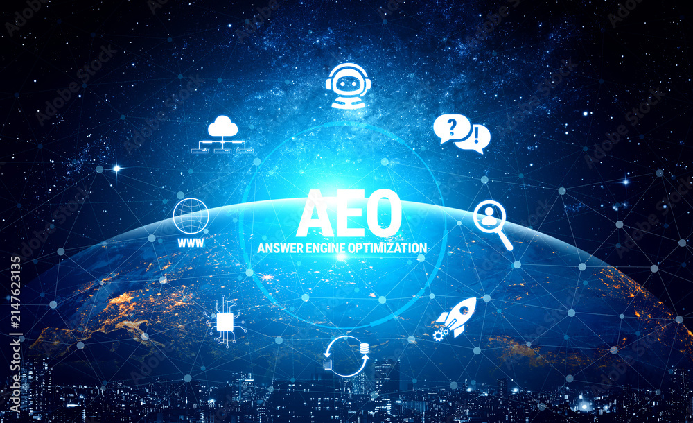 Obraz premium Futuristic Concept of Answer Engine Optimization with Global Connectivity and Digital Elements in a Cosmic Background Fluxor.