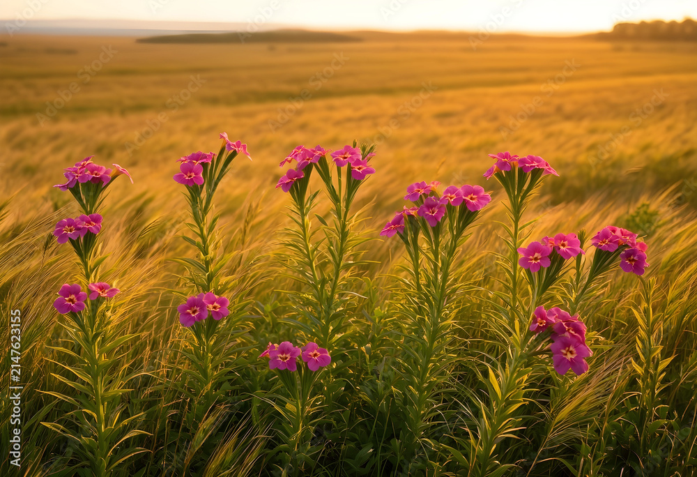 Obraz premium Pink wildflowers blooming in a golden field at sunset, natural beauty and summer landscape