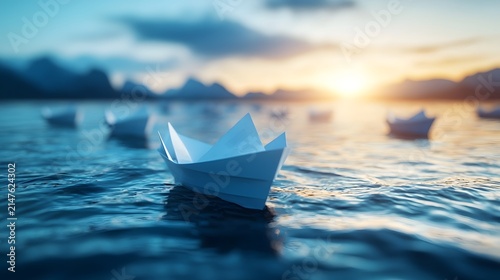 Team direction concept with leader paper boat in front picture