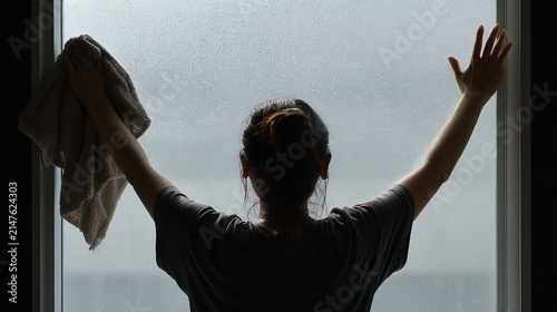 Silhouette of woman cleaning frosted window with towel