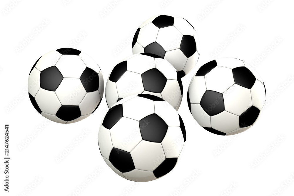 Naklejka premium Group of classic black and white soccer balls isolated on white background with football equipment hexagonal isolated