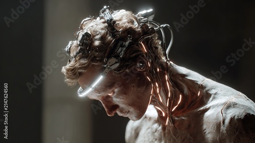 Classical statue head fused with cyborg wires and glowing lights