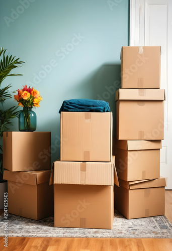 Stacked cardboard moving bo...