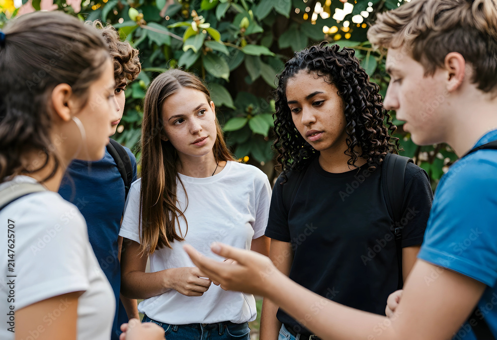 Obraz premium Diverse group of teenagers engaged in conversation outdoors, youth communication and social interaction concept, the young friends are seen listening intently and discussing topics