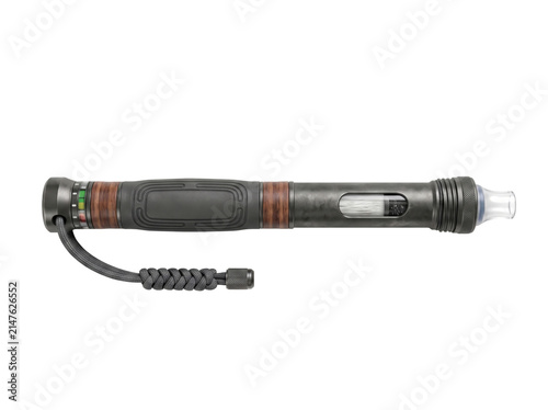 Tactical LED flashlight isolated on white. Portable high power torch for emergency lighting.