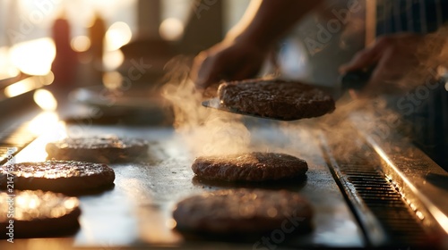 Close-up action shot of a diner cook flipping a burger patty on a hot griddle, steam and sizzle visible, warm kitchen light, documentary classic American food preparation 
