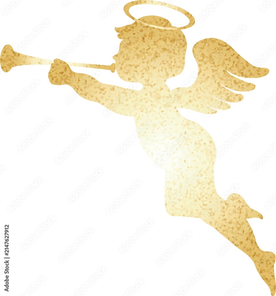 Fototapeta premium Angel blowing a trumpet, silhouette, watercolor, glitter, sparkle, Valentine's Day, Christmas, design, illustration asset