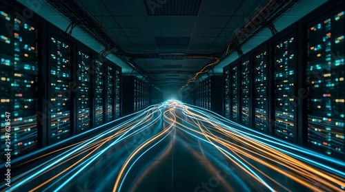 Abstract Data Transfer Light Trails in Dark Data Center Server Aisle, Technology Background with Copy Space