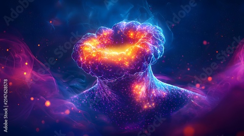 Thyroid disease awareness with neon throat anatomy illustration photo
