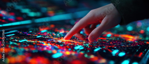 Human finger touching glowing digital interface with colorful data visualization representing advanced technology future information connectivity