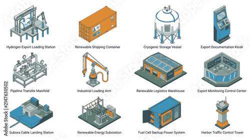 Collection of isometric industrial and infrastructure elements for energy and logistics.