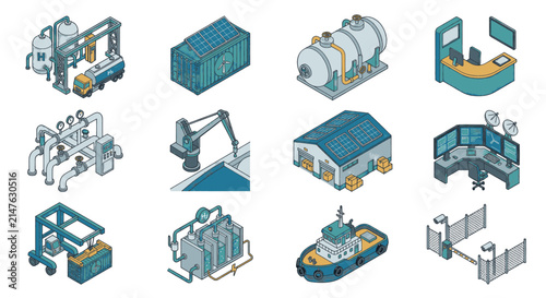 Isometric industrial and logistics icons representing various elements of industry and transportation.
