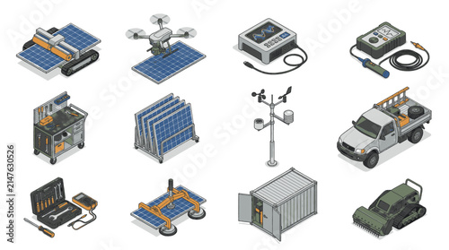 Collection of isometric icons representing equipment for solar energy installation and maintenance.