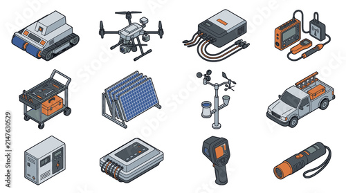 Collection of isometric technology and equipment illustrations for various industries.
