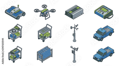 Isometric collection of modern technology and scientific equipment for data collection and analysis.