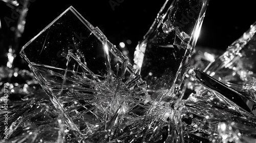 Shattered broken glass shards pile, sharp reflective fragments monochrome black‑and‑white abstract background