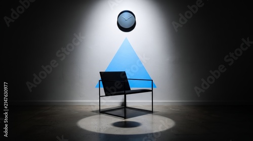 A modern black chair is illuminated by a spotlight under a wall clock with a blue triangular shape on a dark wall.