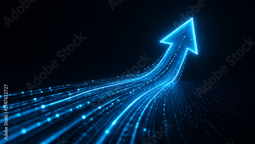 Glowing digital arrow pointing upward representing business growth financial success and technological advancement on dark background