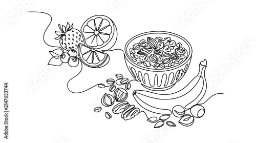 Healthy Breakfast Bowl: Cereal, Fruits, Nuts, Coffee Beans - Line Art