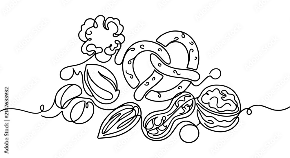 Obraz premium Hand-drawn single line art of assorted nuts and pretzel isolated on transparent background