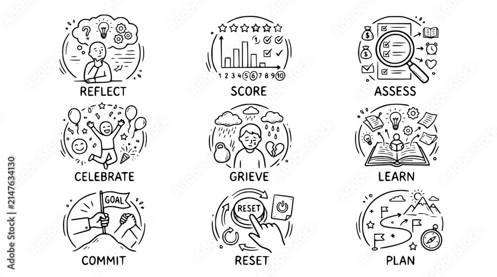 Fototapeta premium Hand drawn monthly review life audit icons reflect score assess celebrate grieve learn commit reset plan, black ink sketch vector illustration 