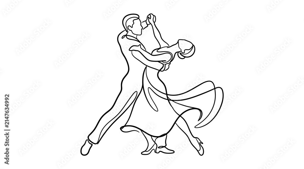 Fototapeta premium Elegant couple dancing ballroom in continuous line art style illustration