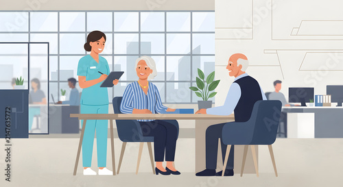 Healthcare Professional Consulting with Elderly Couple in Office