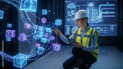 Engineer Interacting with Futuristic Holographic Data Visualization in Server Room.