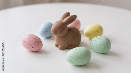 Easter Bunny and Colorful Eggs on White Surface.