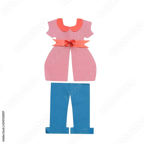 Woman trending dress pink heart-shaped paper craft doll with blue skirt and black hair