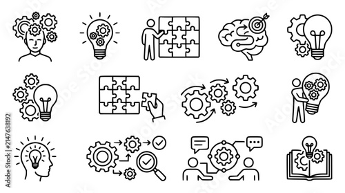 Business Solution Icons: Gears, Lightbulb, Brain, Puzzle, Strategy, Teamwork