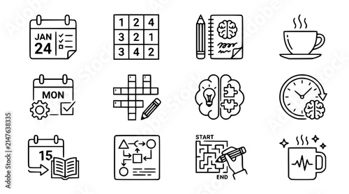 Brainstorming, Puzzle Solving & Productivity Icons: Calendar, Maze, Brain, Coffee
