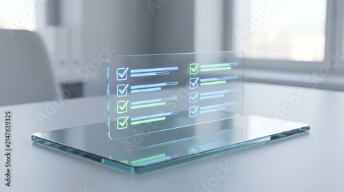 Futuristic holographic interface displaying checklist on a modern table.
