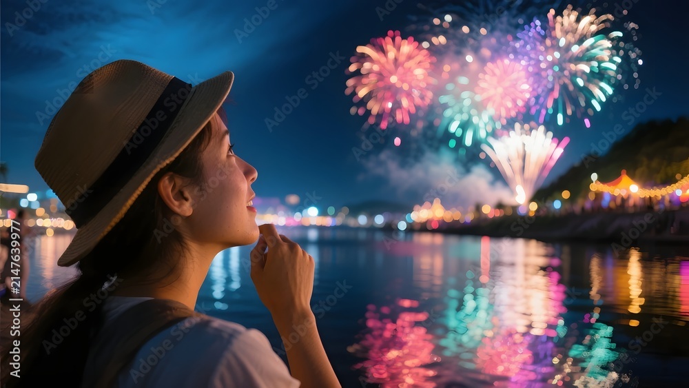 Fototapeta premium Close Up Tourist Watching Fireworks Reflection on River During Night Festival