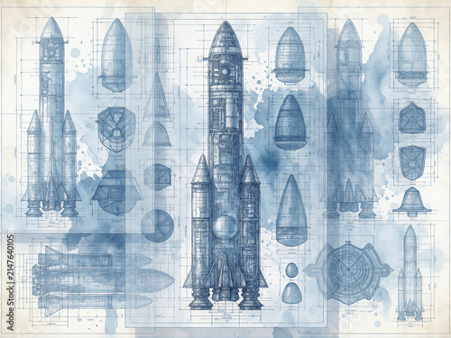 Technical blueprint of a rocket vehicle with engineering diagrams