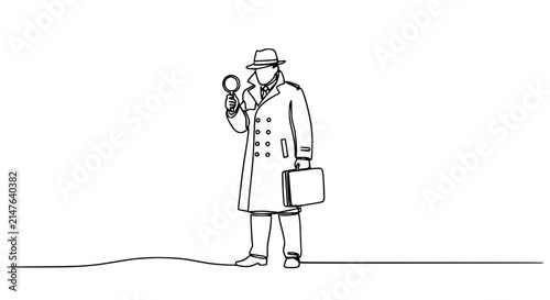 Detective holding magnifying glass and briefcase, one line drawing, minimal style