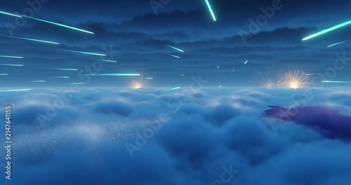 Meteor shower streaks across a deep blue night sky over thick billowing clouds creating an ethereal motion video clip of celestial events during high orbit flight.